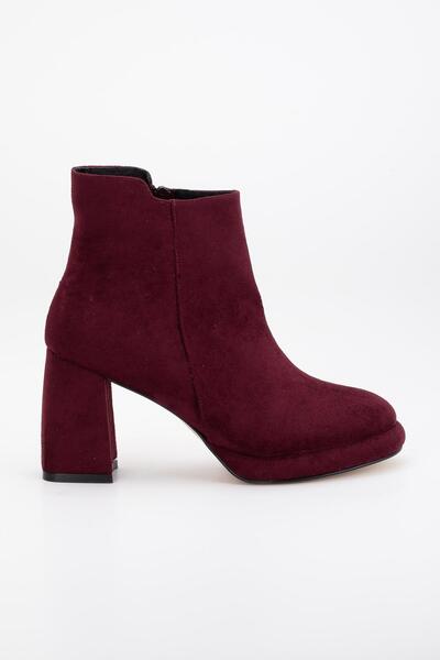 Dilimler Ayakkabı Kadın Platform Topuklu Bot Bordo Süet Yüzüdüz Fermuarlı