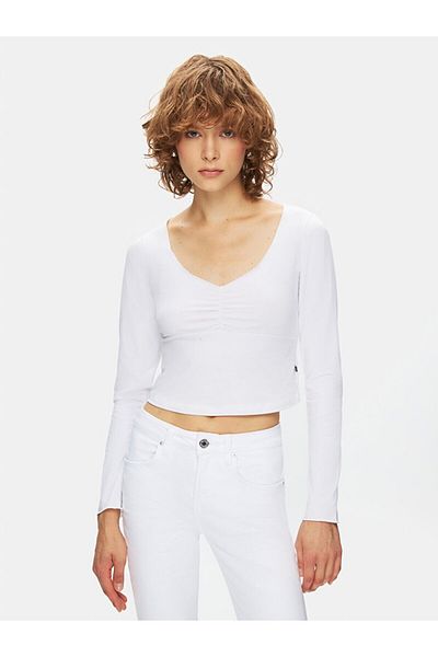 Ltb Tricou alb cu mânecă lungă cu decolteu în V
