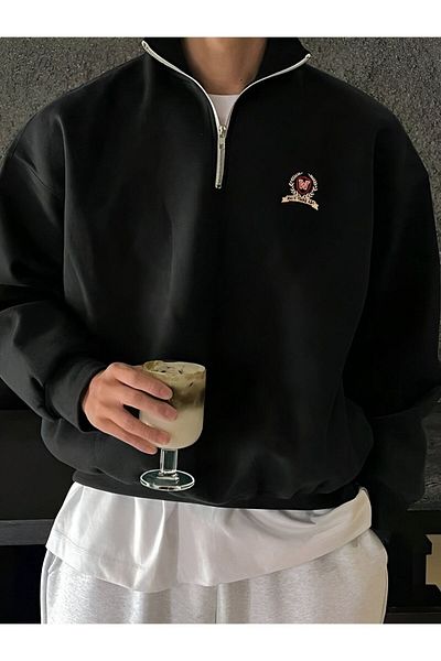 MARECASH Черен (W) щампан суитшърт с яка с половин цип и основна яка с полар отвътре, зимен