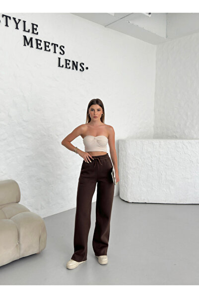 veres Kadın Kahverengi Yüksek Bel Kışlık Polarlı Paça Dikişli Bol Paça Eşofman Altı