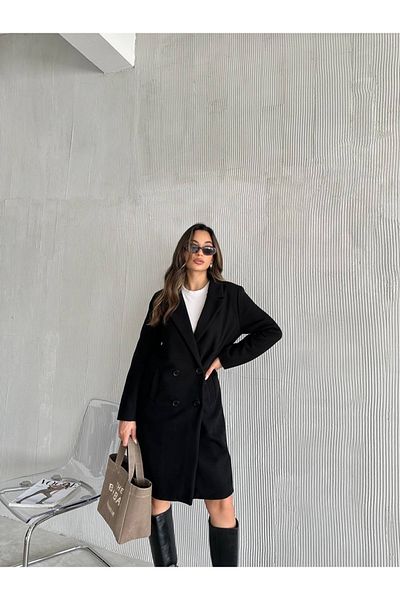 maf collection haină neagră de damă, căptușită cu guler dublu