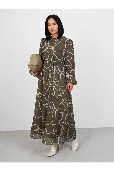 ALİA Plus Size Floral Patterned Chiffon Dress - Khaki- Alia