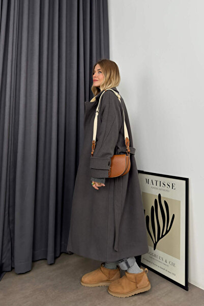 Sue Store Anthracite Double Breasted Lined Belted Buttoned Oversize Wool Coat