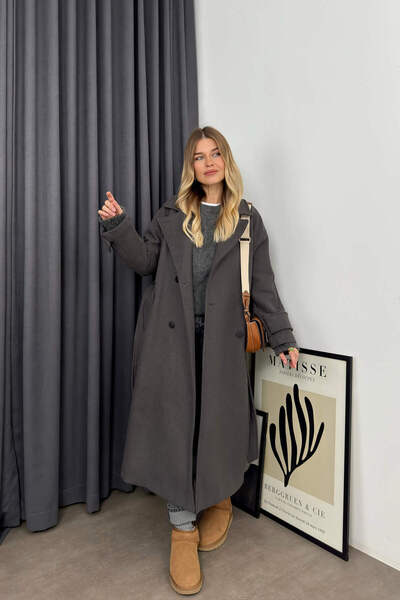 Sue Store Anthracite Double Breasted Lined Belted Buttoned Oversize Wool Coat