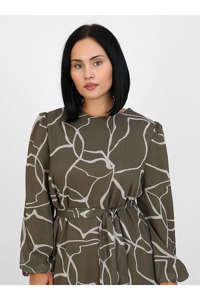 ALİA Plus Size Floral Patterned Chiffon Dress - Khaki- Alia