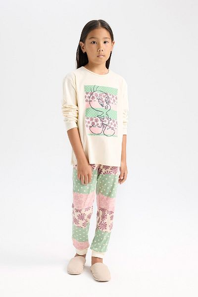 DeFacto Looney Tunes Pyjama-Set für Mädchen – lange Ärmel, elastische Taille, langer Boden D6321a8ns