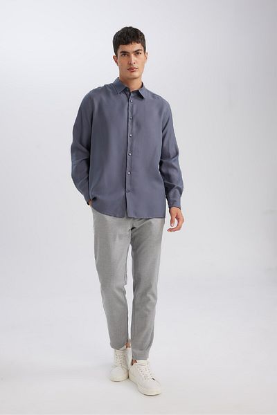 DeFacto Relax Fit Polo γιακά Twill Modal Blended Basic μονόχρωμο μακρυμάνικο πουκάμισο D3376ax24au