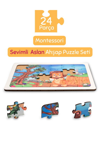 Hopiers Montessori Sevimli Aslan 24 Parça Ahşap Puzzle Seti / Eğitici, Öğreti...