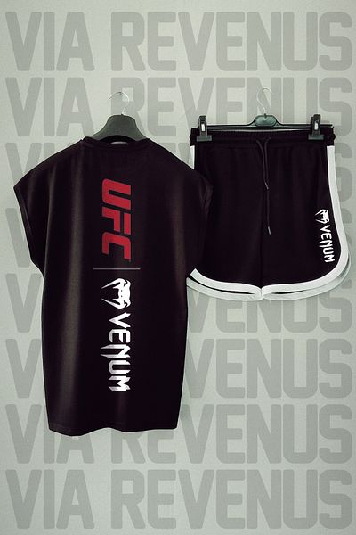 Vordevia Ufc Venum Front and Back Printed Zero Sleeve Sports T-Shirt and Black Shorts Sports Set