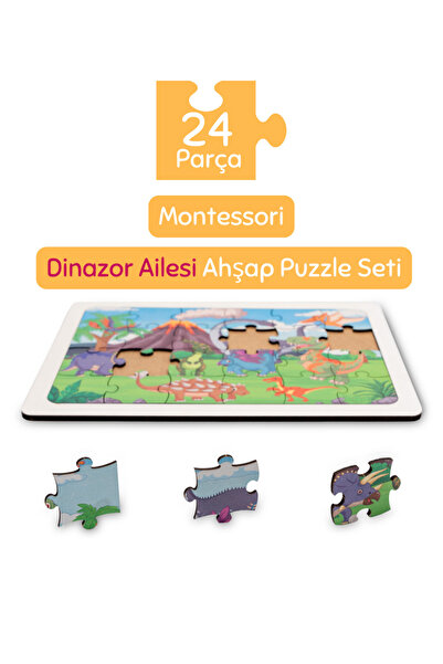 Hopiers Montessori Dinozor Ailesi 24 Parça Ahşap Puzzle Seti / Eğitici, Öğret...