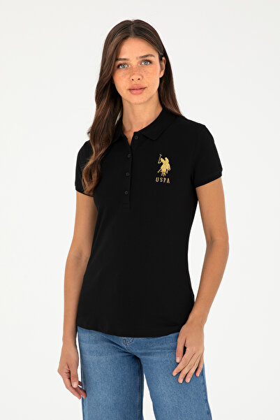 U.S. Polo Assn. Tricou negru basic pentru femei cu gât polo 50280071-VR046