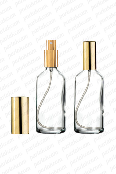 parlakcam 100ml Altın Renkli Metal Lüx Sprey Şişe, Parfüm Kolonya vb İçin Sızdırmaz Şeffaf Cam Şişe 1 Adet