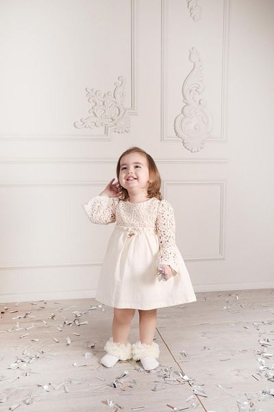 miabambim Natural Fabric Lace Sleeve Vintage Baby Girl Dress Beige