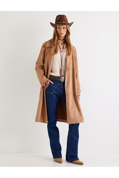 Koton Faux Suede Trench Coat μακριά με ζώνη