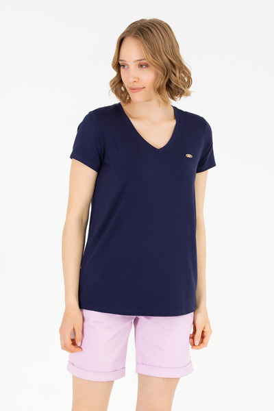 U.S. Polo Assn. Γυναικείο μπλουζάκι σε μπλε ναυτικό χρώμα με λαιμόκοψη V, βασ...