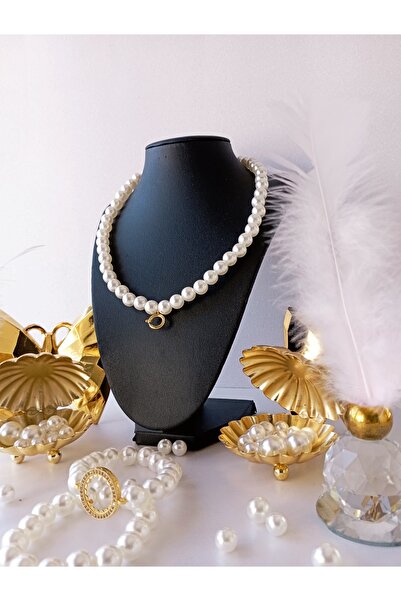 PD GRUP İnci Kilitli Sistem Kolye & Classic Çeyrek Altın Uyumlu Çeyrek Çerçeveli Incili Ikili Bileklik