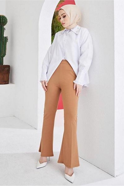 TRENDTESETTÜR CAMEL Καφέ γυναικείο παντελόνι με ελαστική μέση με φουσκωτό πόδι - T 602