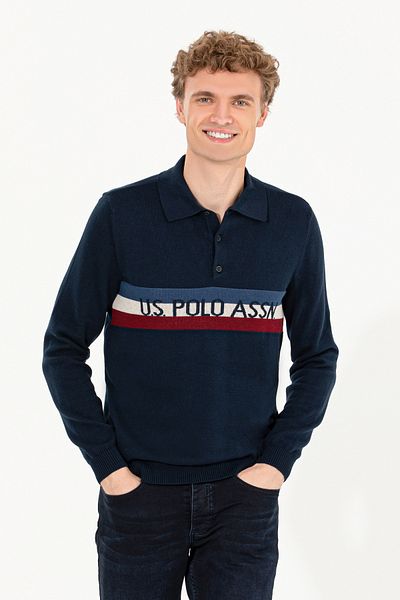 U.S. Polo Assn. Мъжки тъмносин трикотажен пуловер с поло яка 50257848-VR033