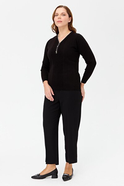 accort Büyük Beden V Yaka Düğmeli Triko Kazak-SİYAH