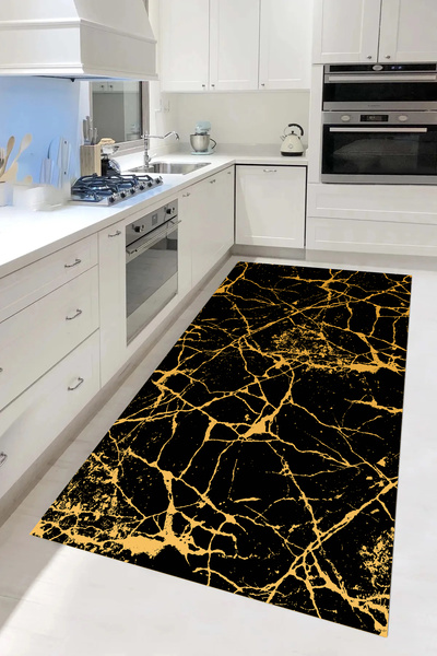 Genel Markalar Dijital Kaymaz Yıkanabilir Modern Gold-Siyah Mutfak Halısı Sal...