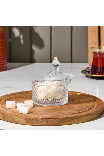 İpek Silk Diamond Patterned Glass Sugar Bowl with Lid - Transparent - 10 cm