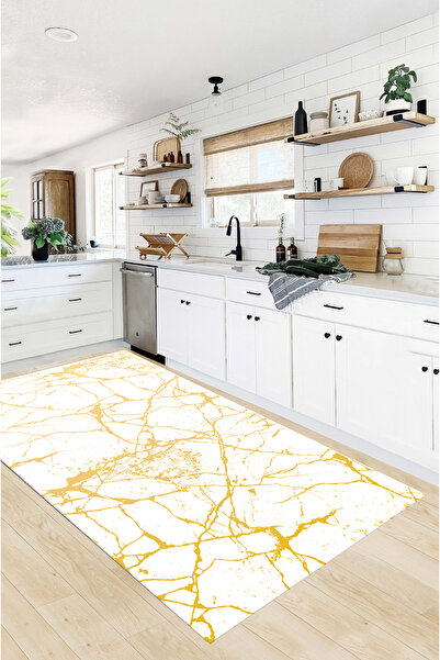 G&C HOME Dijital Kaymaz Yıkanabilir Modern Gold-Beyaz Mutfak Halısı Salon Hal...