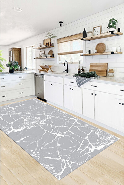 G&C HOME Dijital Kaymaz Yıkanabilir Modern Gri-Beyaz Mutfak Halısı Salon Halı...