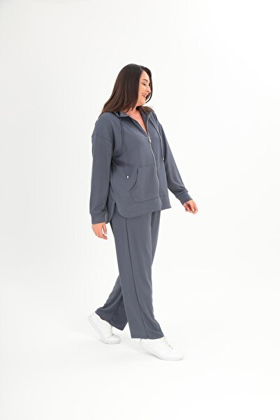 Ebsumu Women's Large Size Zippered Comfortable and Stylish Design Cotton Smoked Tracksuit Set