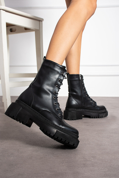 butikpabuc Γυναικείες δερμάτινες μαύρες μπότες με κορδόνια με φερμουάρ