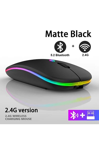 Choice ماوس لاسلكي أسود RGB قابل لإعادة الشحن مع بلوتوث، ماوس كمبيوتر لاسلكي بإضاءة خلفية LED، مريح للغاية