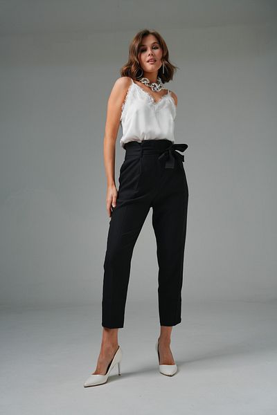 Saade Black High Waist Relaxed Cut Tie-Up Trousers