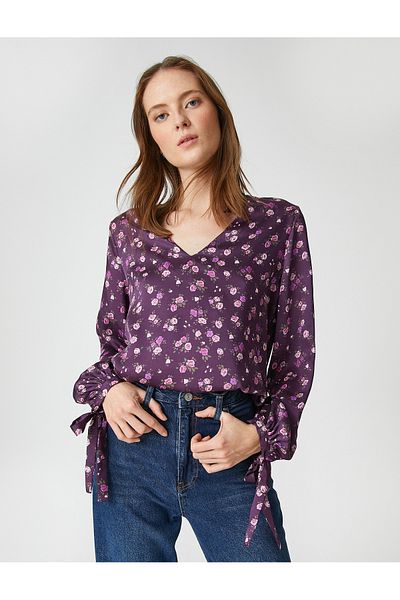 Koton Geblümte Bluse mit Ballonärmeln und Bindedetail