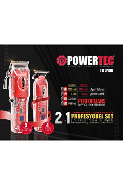 POWERTEC TR-3400 Profesyonel Seri Şarjlı Saç-Sakal-Ense-Vücut Tıraş Makinesi (2'li Set)