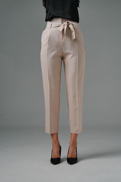 Saade Beige High Waist Relaxed Cut Tied Trousers