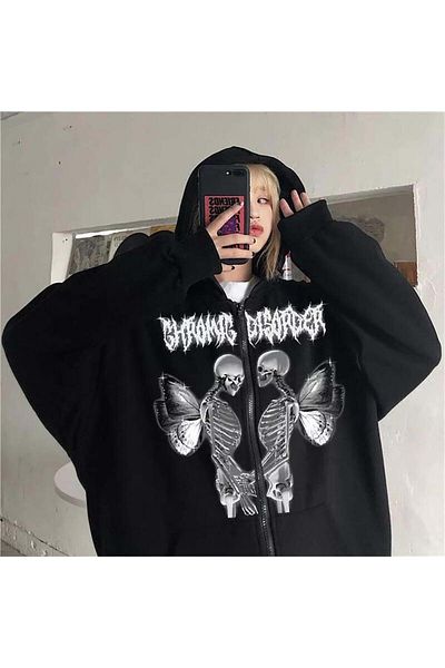 Köstebek Harajuku Gothic Gromig Disorder Love Skeleton Μαύρο φούτερ με φερμουάρ (UNISEX)