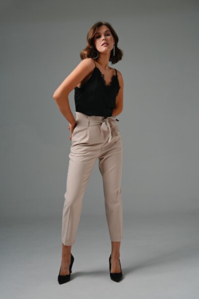 Saade Μπεζ ψηλόμεσο χαλαρό κομμένο δεμένο παντελόνι