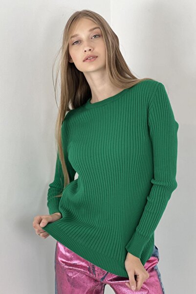 Miss Poem Women's Crew Neck Long Sleeve Winter Green Knitwear Sweater
