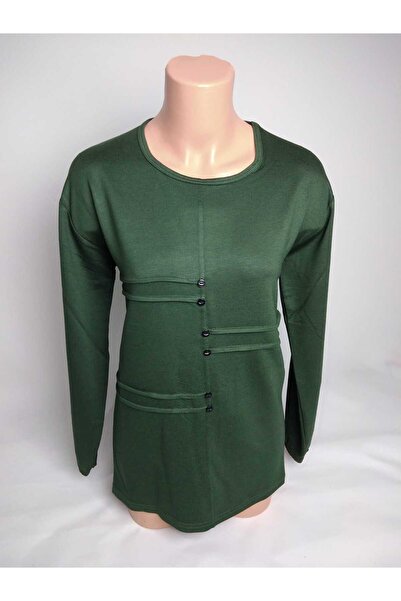 YAŞAR TRİKO Women's Green Crew Neck Buttoned Slit Long Sleeve Ankle Elastic T...
