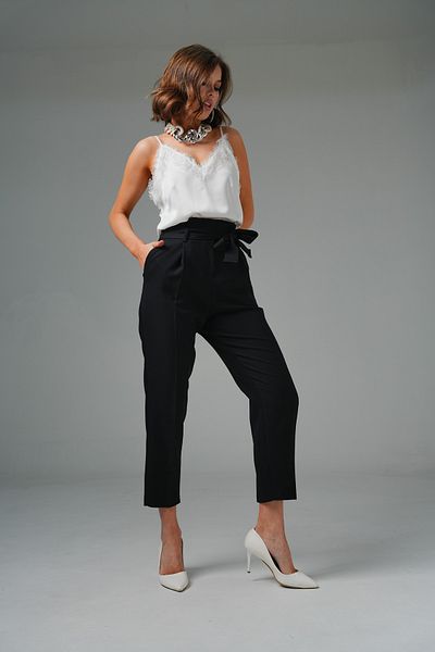 Saade Black High Waist Relaxed Cut Tie-Up Trousers