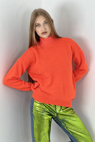 Miss Poem Pulover de tricotat lung, portocaliu, de iarnă, cu jumătate de gât, pentru femei