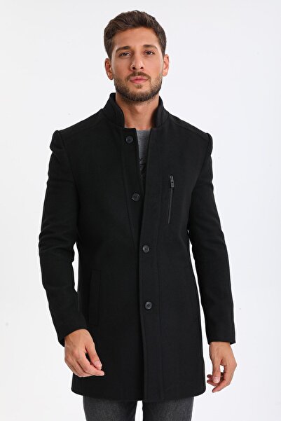 Wise Παλτό Μαύρο Κασμίρ γιακά Stand - Ανδρικό Ύφασμα