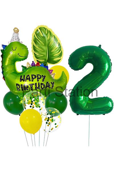 Parti Station 2 Years Green Dinosaur Balloon Set - Jurassic Dinosaur Theme, Foil Balloon