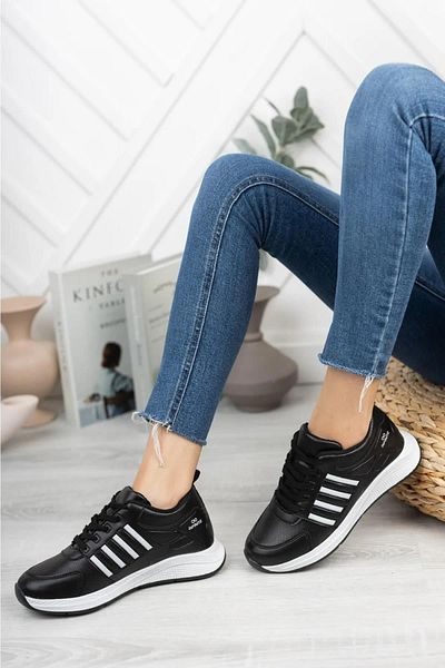 brosco Pantofi sport pentru femei, alb, negru, cu șireturi, în dungi, flexibili, confortabili, cu talpă moale