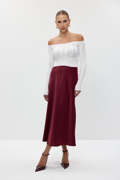 Tuba Butik Burgundy Satin Skirt with Elastic Waist