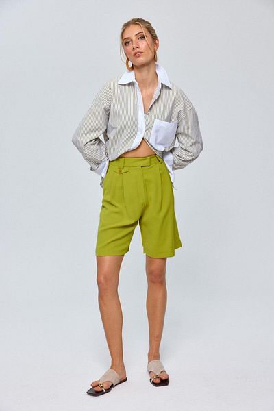 Tuba Butik Pleated Bermuda Oil Green Women's Shorts