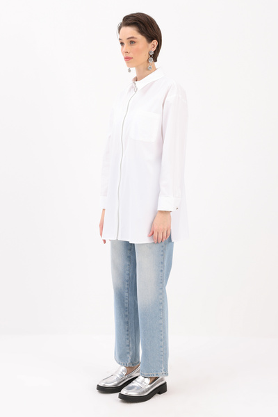 ALLDAY Beyaz %100 Pamuk Fermuarlı Manşeti Dubleli Gömlek Tunik