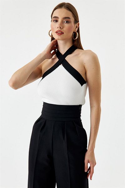 Tuba Butik Cross Strap Knitwear White Women's Blouse