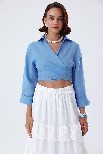 Tuba Butik Blue Crop Women's Shirt - 100% Linen, Lacing Detail