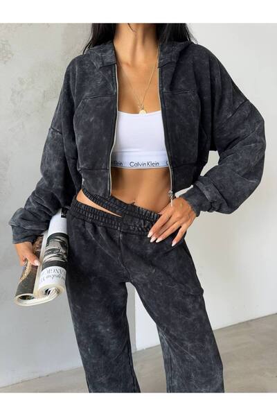BRGCLOTHING Anthracite Antique Detailed Hooded Zippered Tracksuit Set