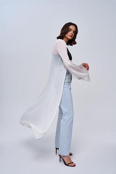 Tuba Butik White Thin Long Knitwear Cardigan - With Tie Detail